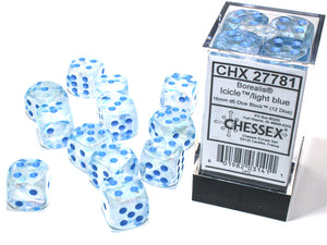 Chessex: Borealis Icicle/light blue Luminary 16mm d6 Dice Block (12 dice)