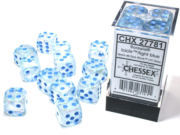 Chessex: Borealis Icicle/light blue Luminary 16mm d6 Dice Block (12 dice)