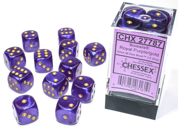 Chessex: Borealis Royal Purple/gold Luminary 16mm d6 Dice Block (12 dice)