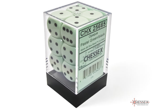 Chessex: Opaque Pastel Green/black 16mm d6 Dice Block (12 dice)
