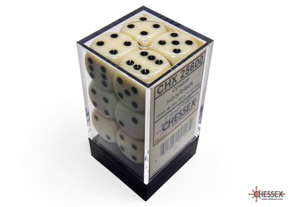 Chessex: Opaque Ivory/black 16mm d6 Dice Block (12 dice)
