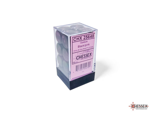 Chessex: Opaque Black/pink 16mm d6 Dice Block (12 dice)