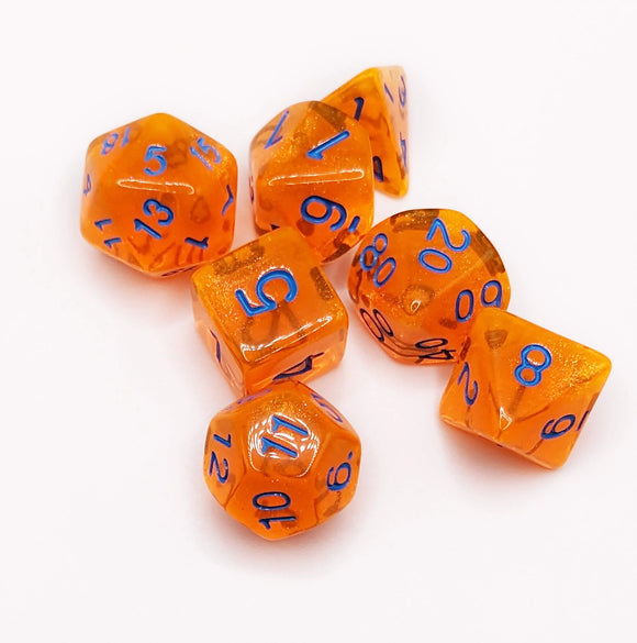 Legend Dice Poly Dice Set - Glitter - Orange Chaos Blue Font, Boxed