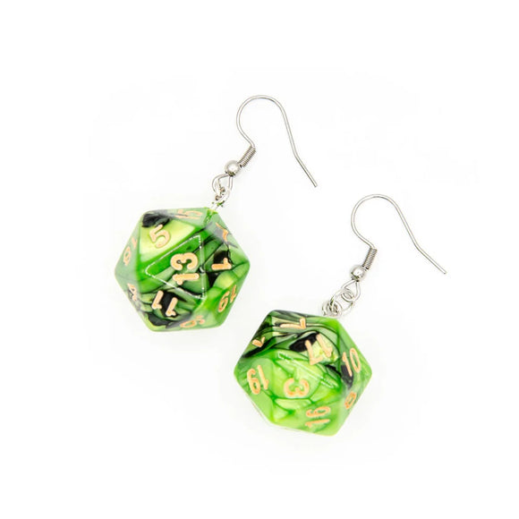 Tabletop Dominion D20 Earrings | Green & Black Swirl