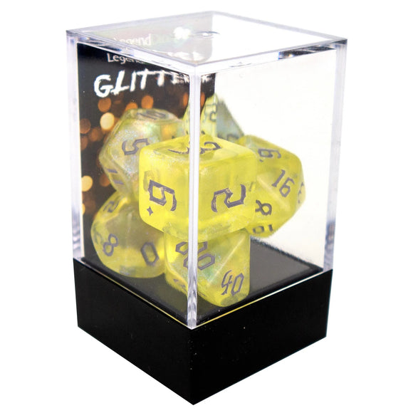 Legend Dice Poly Dice Set - Glitter - Yellow Chaos Grey Font, Boxed